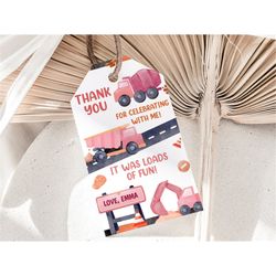 Construction Thank You Tags Dump Truck Party Favors Digger Favor Tag Excavator Label Pink Dumper Vehicle Girl Birthday G