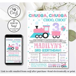 editable girl train invitation, train birthday invitation, any age train birthday, 4x6 & 5x7