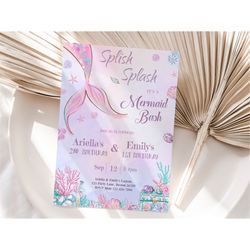 mermaid joint birthday invitation under the sea double birthday invites sisters dual girls party pink purple editable in