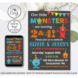 editable brothers monster invitation, monster birthday invitation, our little monsters, brothers invitation, 4x6 & 5x7
