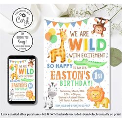 editable safari birthday invitation, jungle animals invitation, wild birthday invitation, 4x6 & 5x7