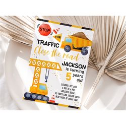 construction birthday invitation template, editable boy construction vehicle birthday party invite, dump truck, excavato
