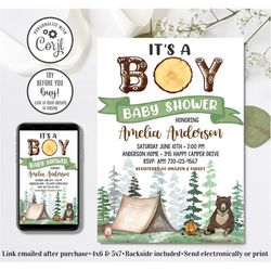 editable camping baby shower invitation, boy baby shower invitation, adventure baby shower, bear baby shower invitation,