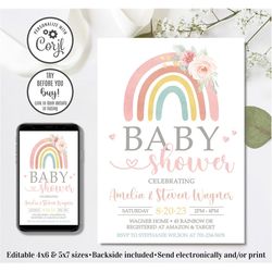 Editable Rainbow Baby Shower Invitation, Rainbow Baby Invitation, Gender Neutral Baby Shower Invitation, 4x6 & 5x7