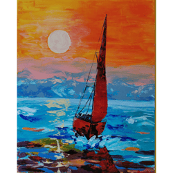 Handmade art nautical painting,original painting acrylic art,original wall art scarlet sails,seascape painting art work