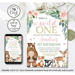editable woodland birthday invitation, girl wild one invitation, forest animals invitation, 1st birthday invitation, 4x6