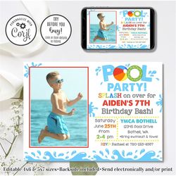editable pool party, pool party birthday, 4x6 & 5x7