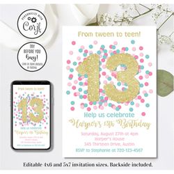 editable 13th birthday invitation, from tween to teen birthday invitation, 4x6 & 5x7