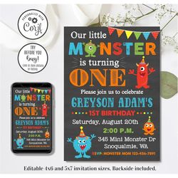 editable monster invitation, monster birthday invitation, our little monster, 4x6 & 5x7