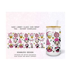 pink christmas 16oz libbey can cartoon png, pink santa hat 16oz glass can wrap,mouse and friend 16oz libbey can glass,christmas tumbler wrap