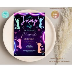 editable jump birthday invite, jumping party invitation, bounce house party, trampoline park birthday party, glow party