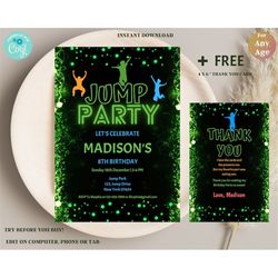editable jump birthday invite, jumping party invitation, bounce house party, trampoline park birthday party, instant dow