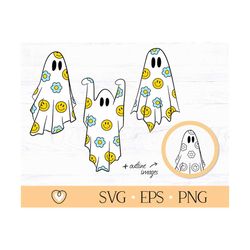retro ghosts svg, smiley face and daisy svg, groovy halloween svg, hippie halloween svg, png files