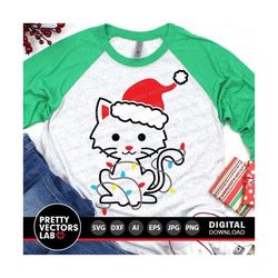 christmas cat svg, funny cat with christmas lights svg, santa hat svg, kids cut files, baby svg, holiday svg dxf eps png, silhouette, cricut
