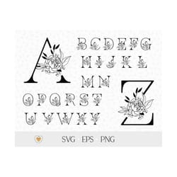 flower alphabet svg, floral letters svg, peony flower, botanical alphabet png