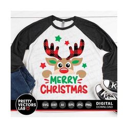 merry christmas svg, buffalo plaid reindeer svg, reindeer svg dxf eps png, kids cut files, xmas shirt svg, deer clipart, silhouette, cricut