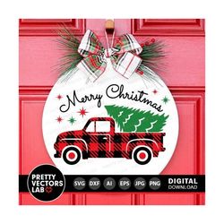 christmas tree truck svg, merry christmas cut files, farmhouse round sign svg, buffalo plaid truck svg, dxf, eps, png, silhouette, cricut