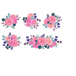 watercolor floral clipart, pink floral arrangement clipart, set of watercolor pink floral flower clipart,individual png