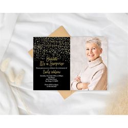 Black & Gold Photo Retirement Invitations for Him Her/Printable Gold Confetti Retirement Invitations for Men Women/Insta