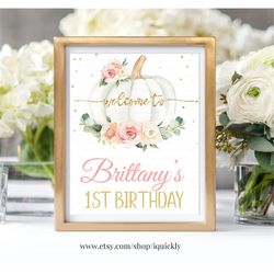 EDITABLE Pumpkin Floral Baby Shower Welcome Pink and gold Pumpkin Sign Decorations  Flower White Instant download Templa