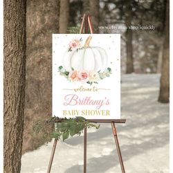 EDITABLE Pumpkin Floral Baby Shower Welcome sign, Pink and gold Pumpkin Sign Decorations Flower White Instant download T