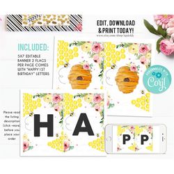 editable bee banner, honey bee happy birthday banner, printable 1st birthday buting banner, baby shower template instant
