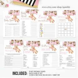 Teddy Bear Baby Shower Games,Girl Baby Shower Game Bundle,Bear Themed Bingo The price is right Instant Download Digital