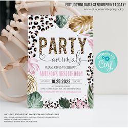 editable party animals birthday invitation leopard print jungle birthday party leopard print wild one two wild template