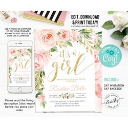 EDITABLE Invitation Blush Pink Floral Baby Shower Invitation Its a girl Printable Baby Shower Invite Template, Sweet Gir