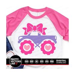 girl monster truck svg, monster truck with bow svg, girls cut files, birthday party svg dxf eps png, funny truck clipart, silhouette, cricut