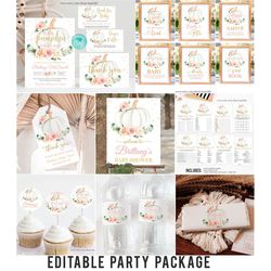 Editable Pumpkin Baby Shower Party Package bundle, Little pumpkin Party Decorations Package Set Pack Printable Template