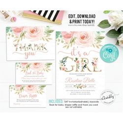 EDITABLE Invitation Blush Pink Floral Baby Shower Invitation Set Its a girl Package Invite Template, Pack book for baby