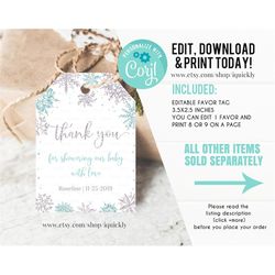 Editable Snowflake Baby shower favor tags, Thank you tags Gift Tags Boy blue silver Winter wonderland Template printable
