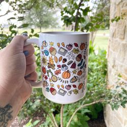 fall coffee mug, hand drawn illustrations, autumn mug, coffee cup