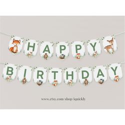 editable woodland banner birthday banner woodland animals printable 1st bunting banner winter baby shower templates ins