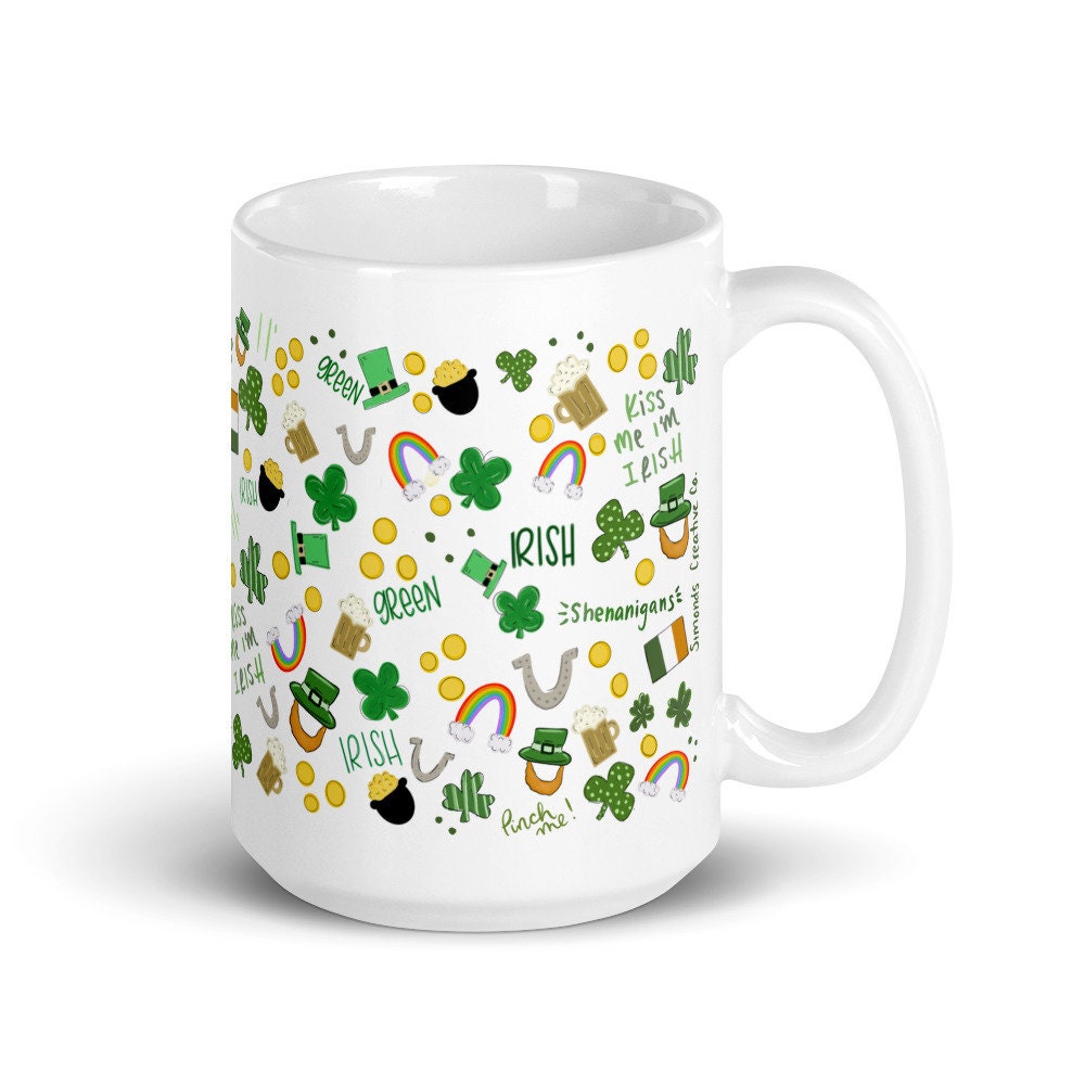 St Patrick's day coffee mug, St patty's mug, lucky Shamrock mug, Kiss me I’m Irish, hand illustrated mug, St Patricks day pattern - 1.jpg