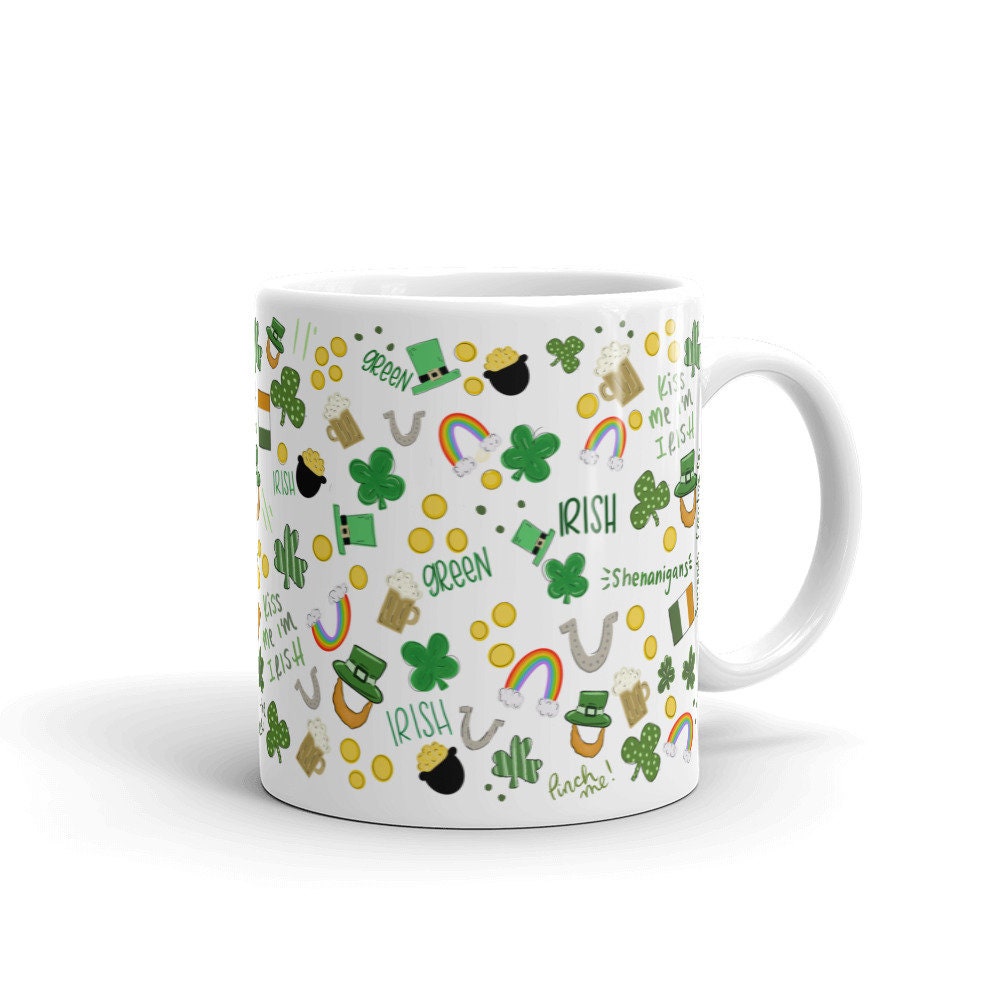 St Patrick's day coffee mug, St patty's mug, lucky Shamrock mug, Kiss me I’m Irish, hand illustrated mug, St Patricks day pattern - 2.jpg