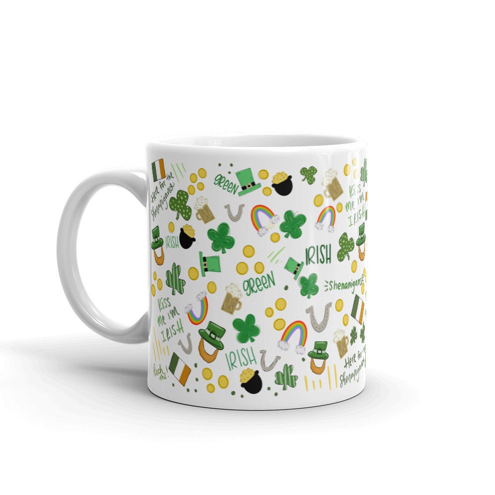 St Patrick's day coffee mug, St patty's mug, lucky Shamrock mug, Kiss me I’m Irish, hand illustrated mug, St Patricks day pattern - 3.jpg
