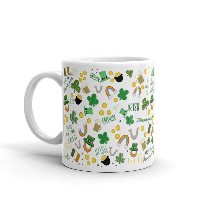 St Patrick's day coffee mug, St patty's mug, lucky Shamrock mug, Kiss me I’m Irish, hand illustrated mug, St Patricks day pattern - 3.jpg