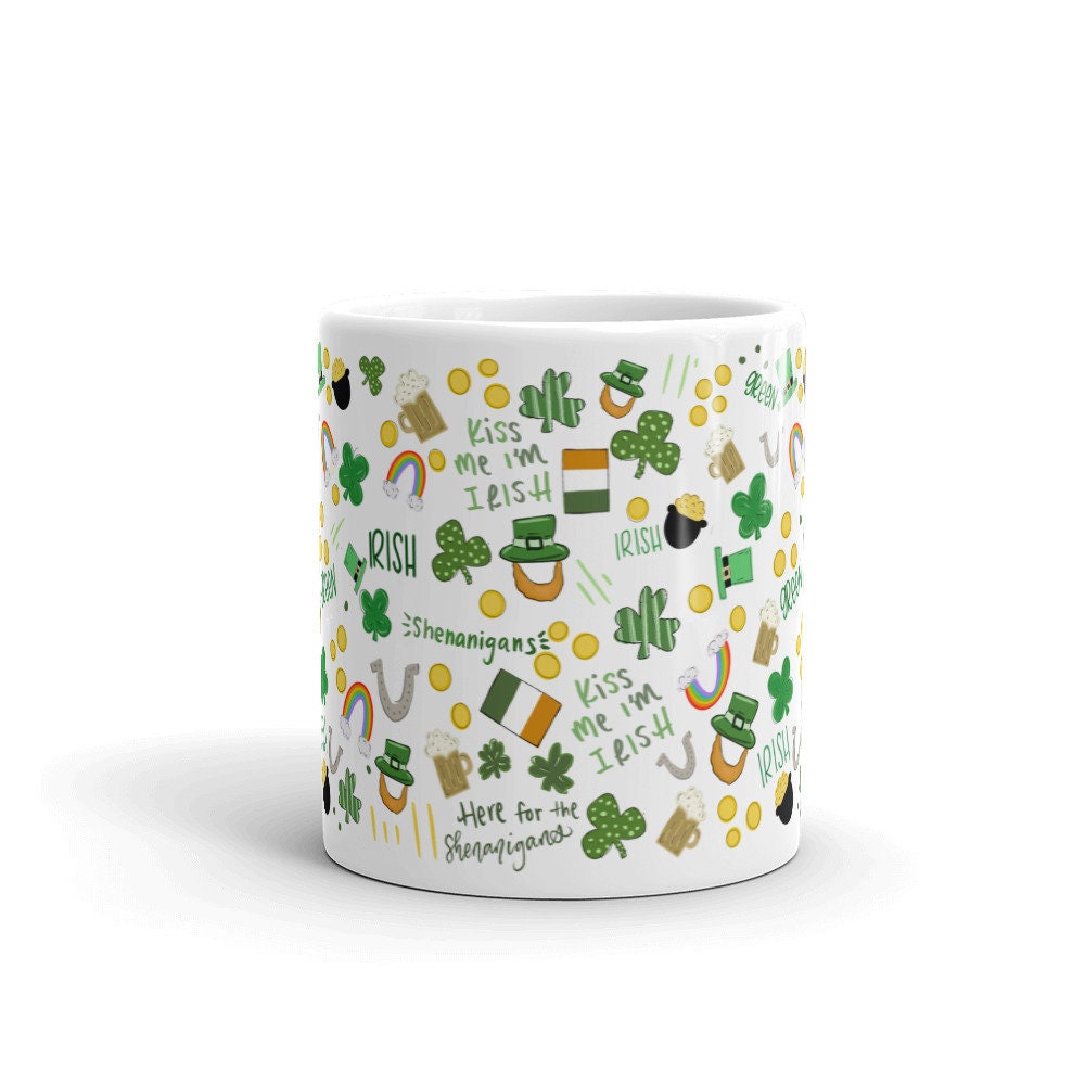 St Patrick's day coffee mug, St patty's mug, lucky Shamrock mug, Kiss me I’m Irish, hand illustrated mug, St Patricks day pattern - 4.jpg