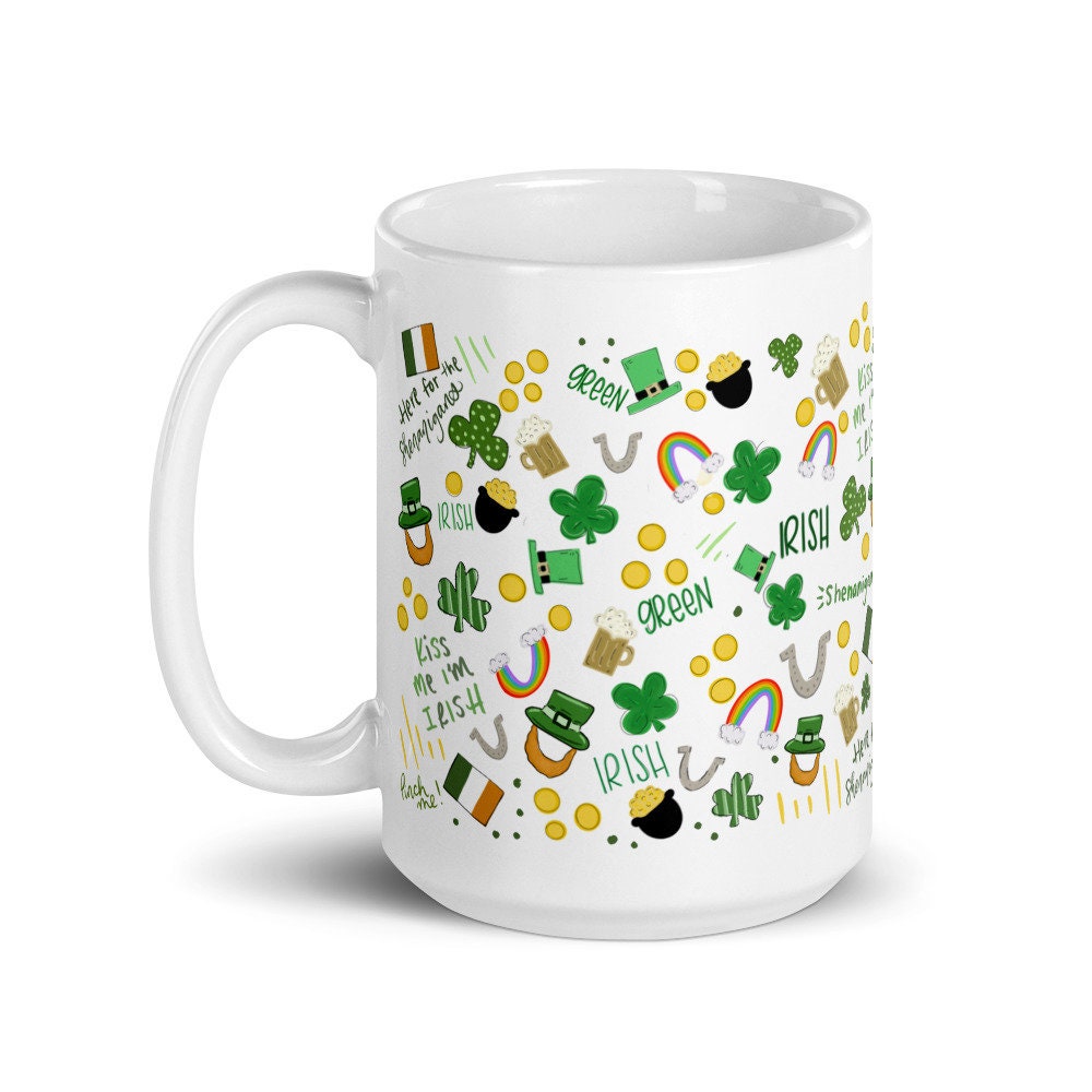 St Patrick's day coffee mug, St patty's mug, lucky Shamrock mug, Kiss me I’m Irish, hand illustrated mug, St Patricks day pattern - 5.jpg