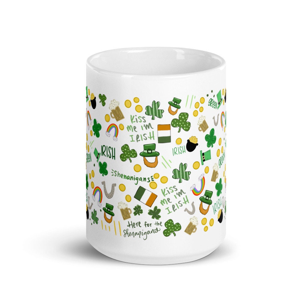 St Patrick's day coffee mug, St patty's mug, lucky Shamrock mug, Kiss me I’m Irish, hand illustrated mug, St Patricks day pattern - 6.jpg