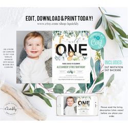 editable safari birthday invitation, wild one boy invites, first birthday jungle animals photo invitations, 1st birthday