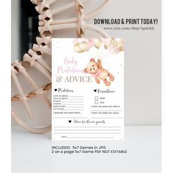 Teddy bear Baby Predictions Advice Baby Shower Game Advice Card Girl Pink Shower Games Balloon themed Printable Instant