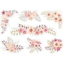 watercolor floral clipart, pink floral clipart, set of watercolor pink flower clipart, individual png files, watercolor