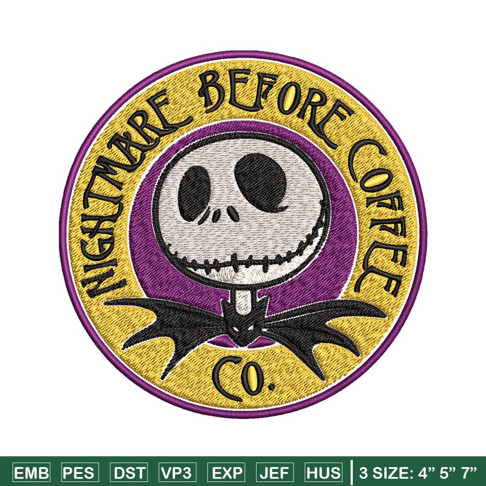 Nightmare before coffee Embroidery design, jack skellington Embroidery, Embroidery File, Horror design, Digital download.jpg