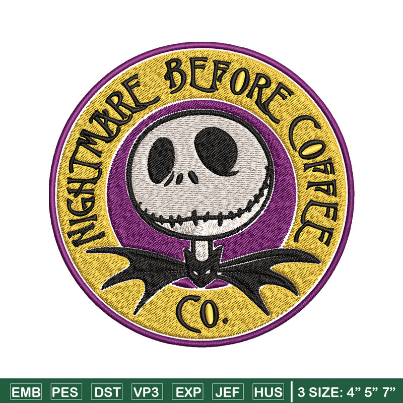Nightmare before coffee Embroidery design, jack skellington Embroidery, Embroidery File, Horror design, Digital download.jpg