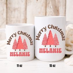 personalized pink christmas tree mug, custom name christmas mug, holiday coffee mug gift