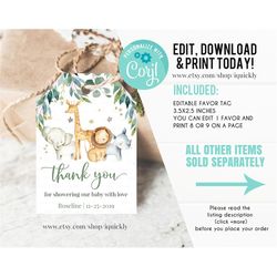 Safari Baby Shower Favor tags EDITABLE, Gender Neutral, Jungle Thank you tags, A wild one Gift tags Template printable I