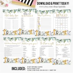 safari baby shower games set jungle baby shower game bundle a wild one boy bingo the price is right instant download dig